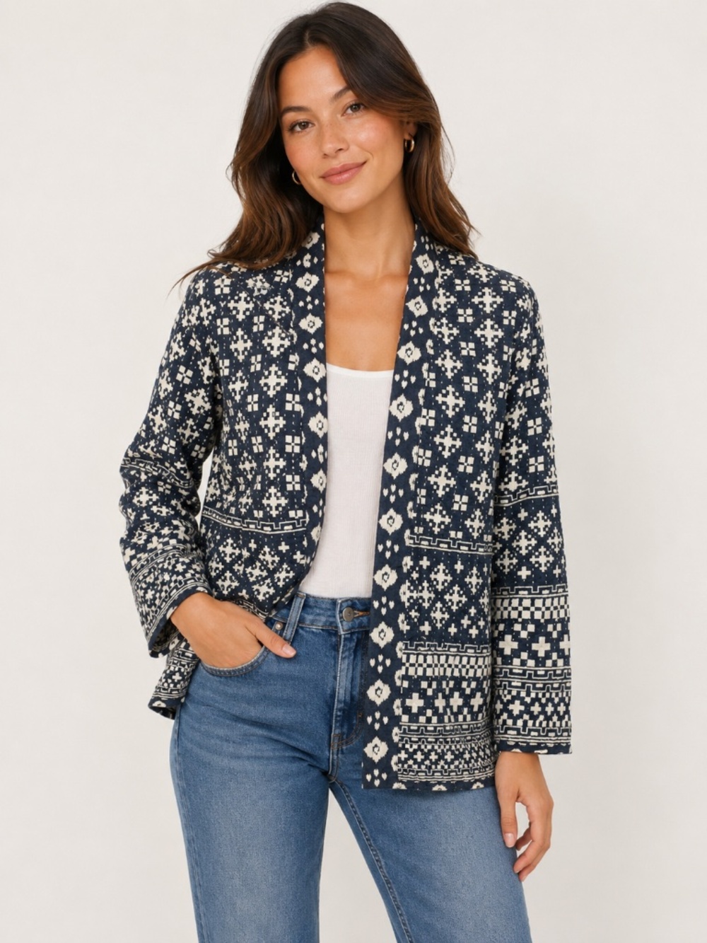 100% Cotton Navy & White Boho Open Front Cardigan Jacket